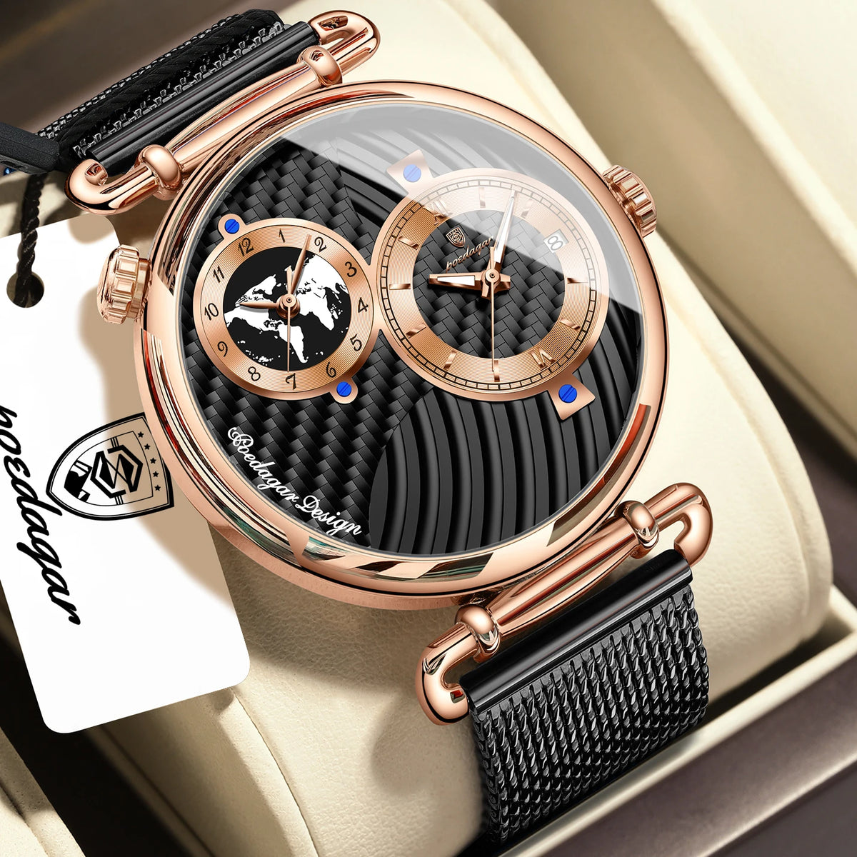 POEDAGAR Men's Quartz Watch, Multiple Time Zones, Steel Mesh Strap