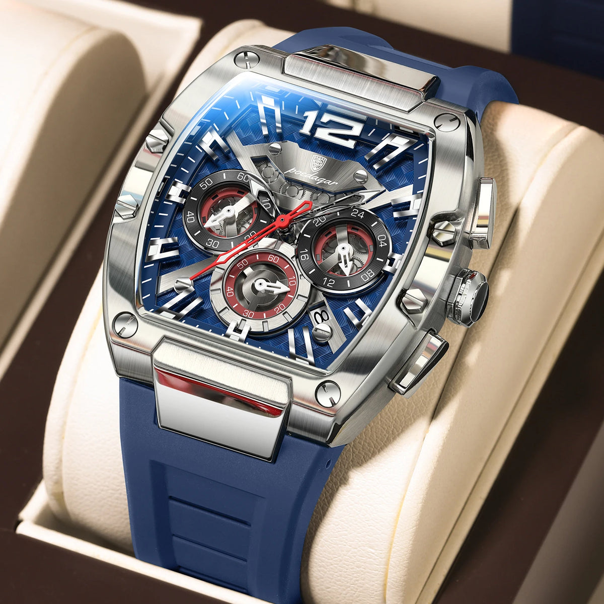 POEDAGAR Men's Chronograph Quartz Watch, Silicone Strap, Luminous