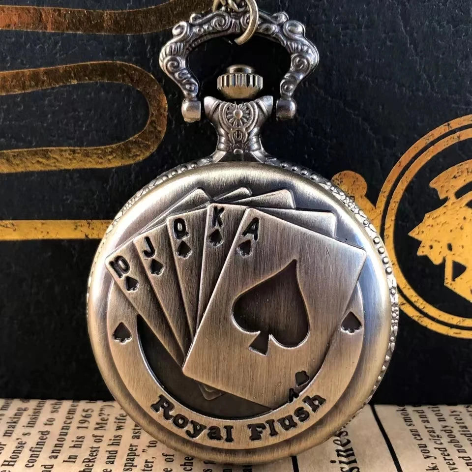 Vintage bronze quartz pocket watch with poker design, main view