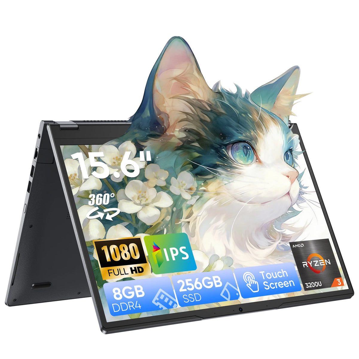 15.6" 2-in-1 Touchscreen Laptop, AMD Ryzen 3 3200U, 8GB RAM, 256GB SSD, FHD