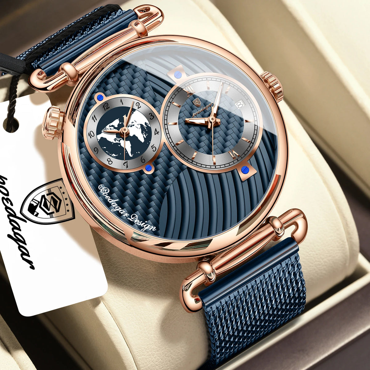 POEDAGAR Men's Quartz Watch, Multiple Time Zones, Steel Mesh Strap