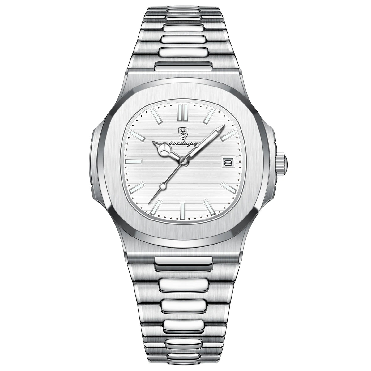 POEDAGAR Men's Square Quartz Watch, Stainless Steel, Luminous, Date