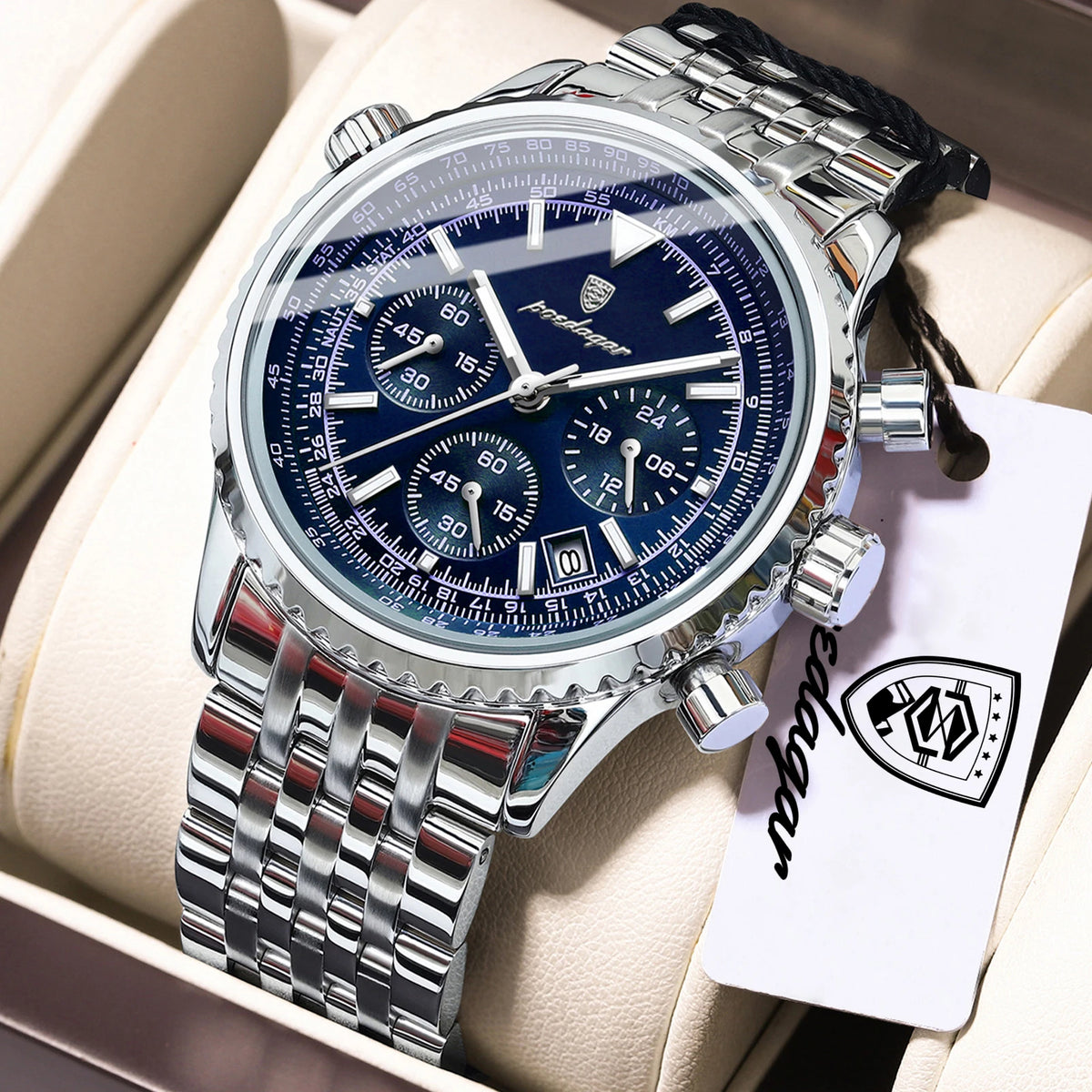 POEDAGAR Men's Chronograph Quartz Watch, Stainless Steel, Date, Luminous