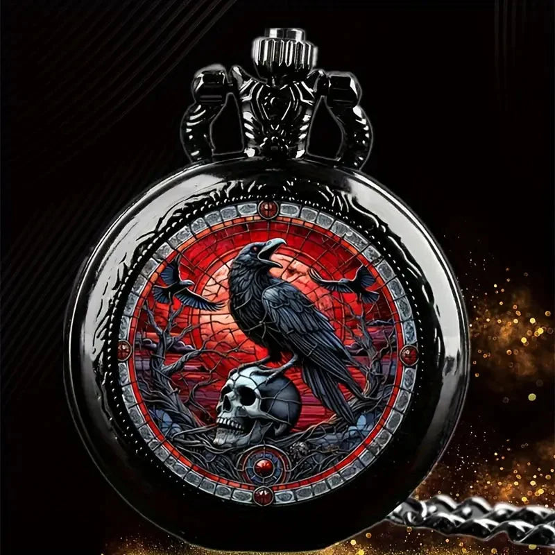 Flip quartz pocket watch with patterned cover and necklace chain, main view