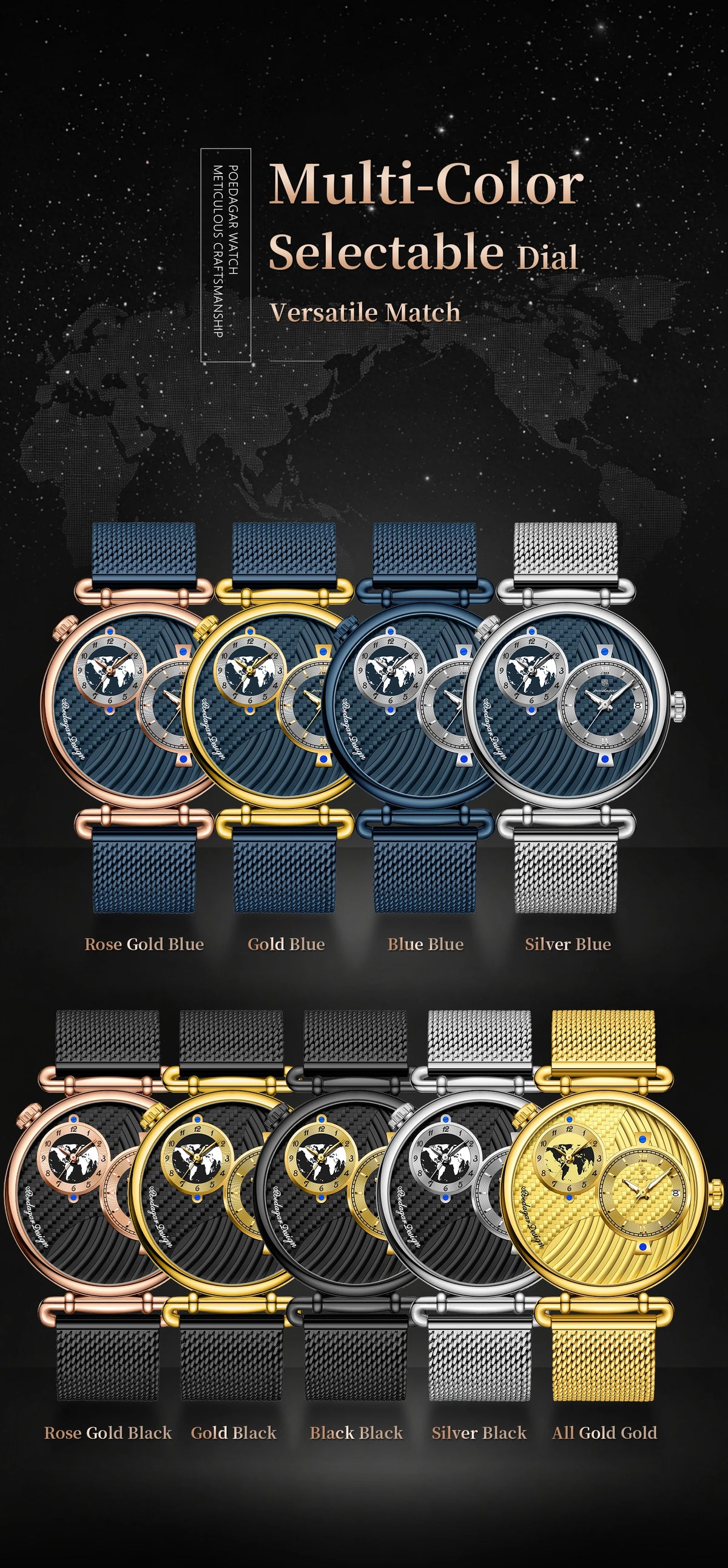 POEDAGAR Men's Quartz Watch, Multiple Time Zones, Steel Mesh Strap