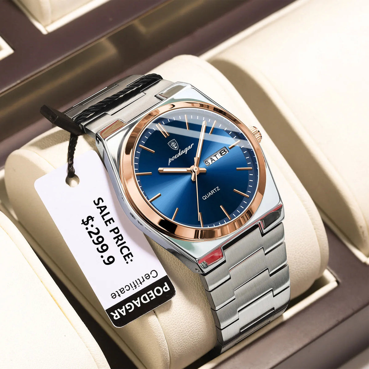 POEDAGAR Men's Quartz Watch, Stainless Steel, Date and Day Display