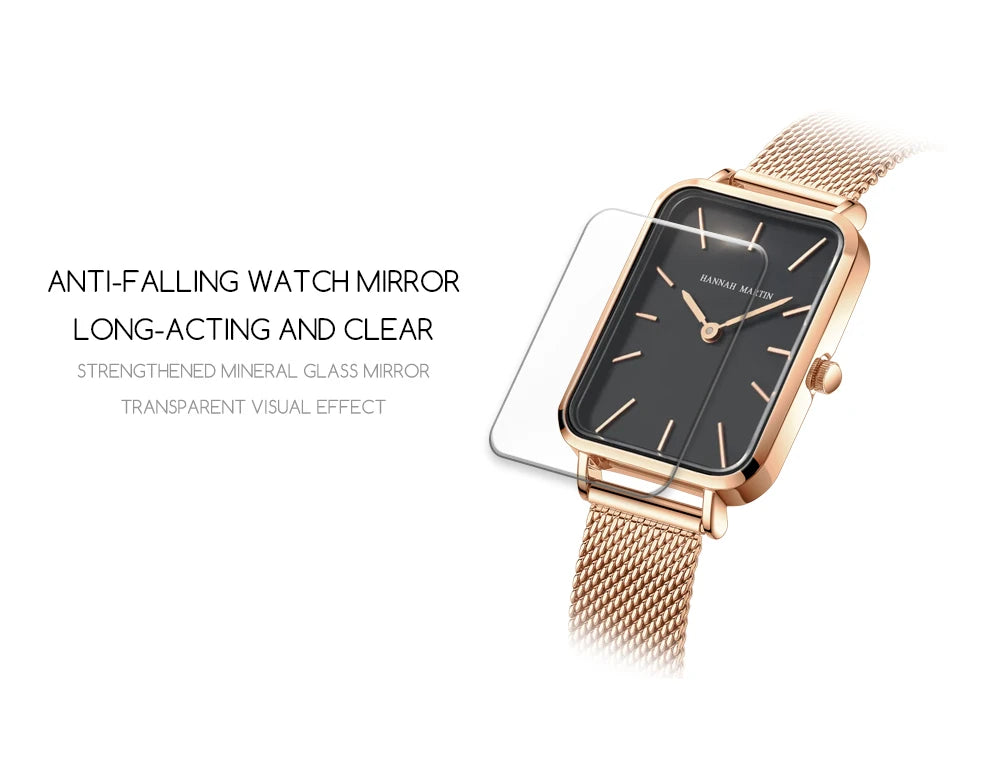 Hannah Martin Women's 34 mm Square Quartz Watch, Stainless Steel Mesh Strap