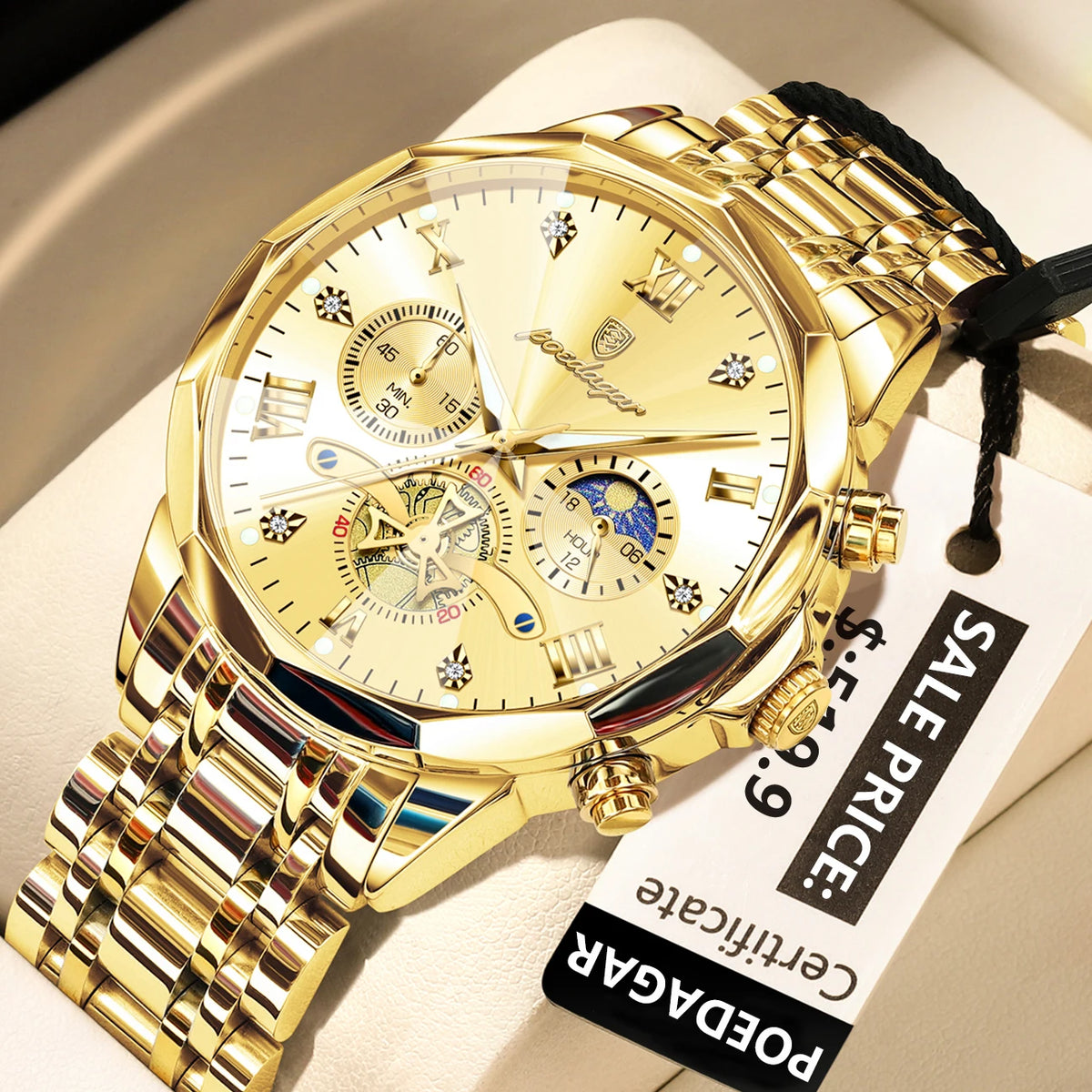 POEDAGAR Men's Chronograph Quartz Watch, Stainless Steel, Water Resistant