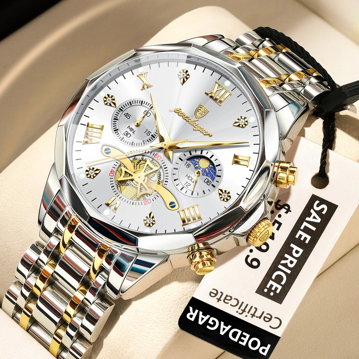POEDAGAR Men's Chronograph Quartz Watch, Stainless Steel, Water Resistant