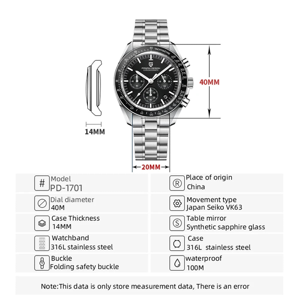 PAGANI DESIGN Moon Men's Chronograph Quartz Watch, Sapphire Glass