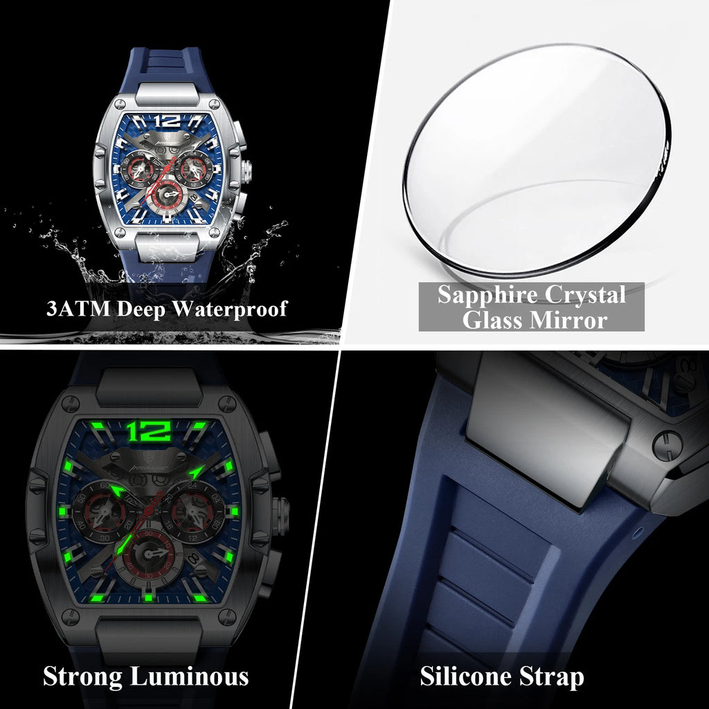 POEDAGAR Men's Chronograph Quartz Watch, Silicone Strap, Luminous