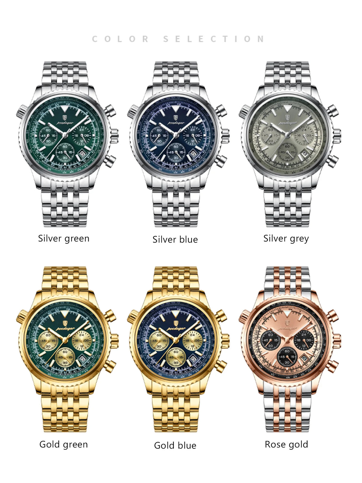POEDAGAR Men's Chronograph Quartz Watch, Stainless Steel, Date, Luminous