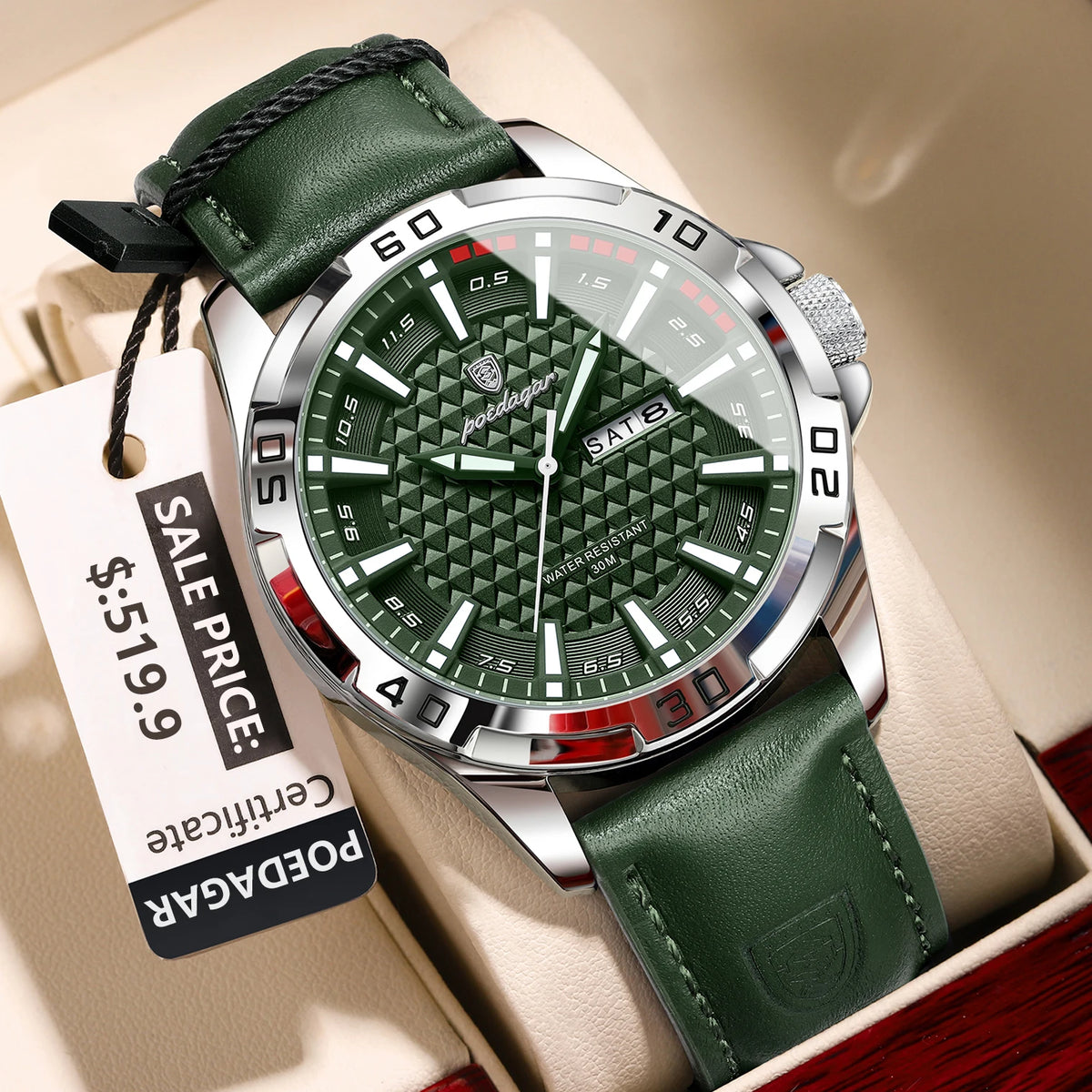POEDAGAR Men's Quartz Watch, Leather Strap, Date and Day, Luminous