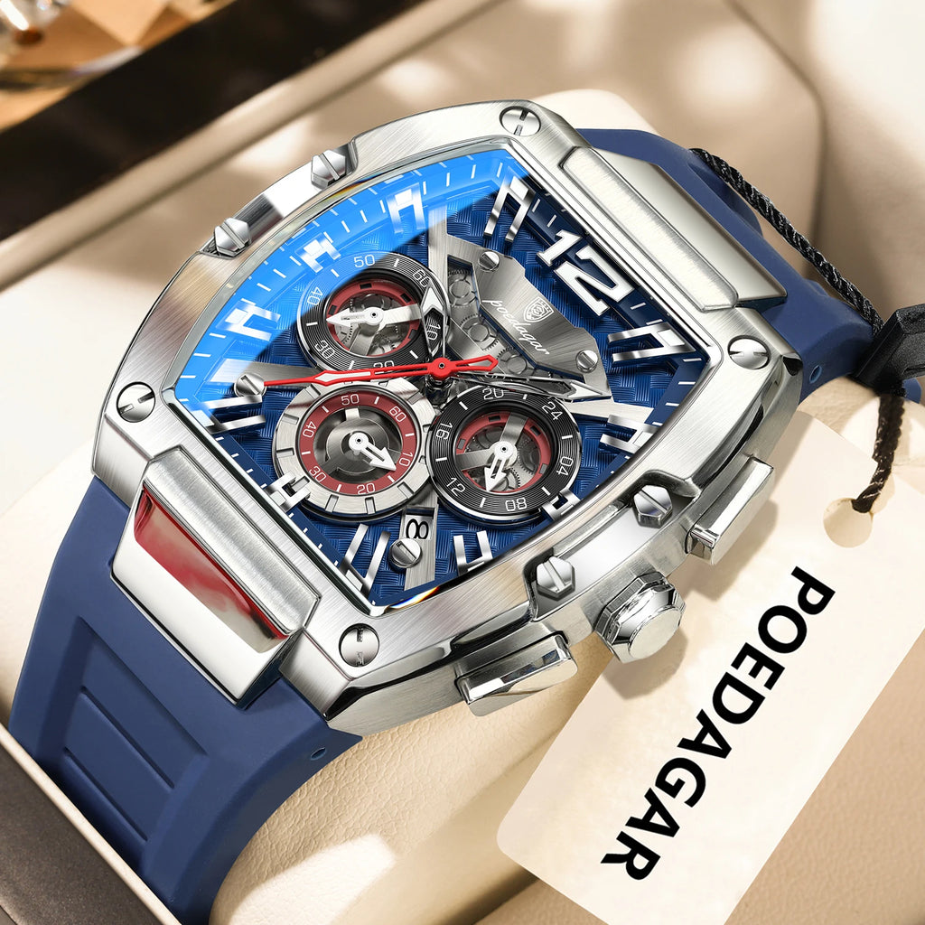POEDAGAR Men's Chronograph Quartz Watch, Silicone Strap, Luminous