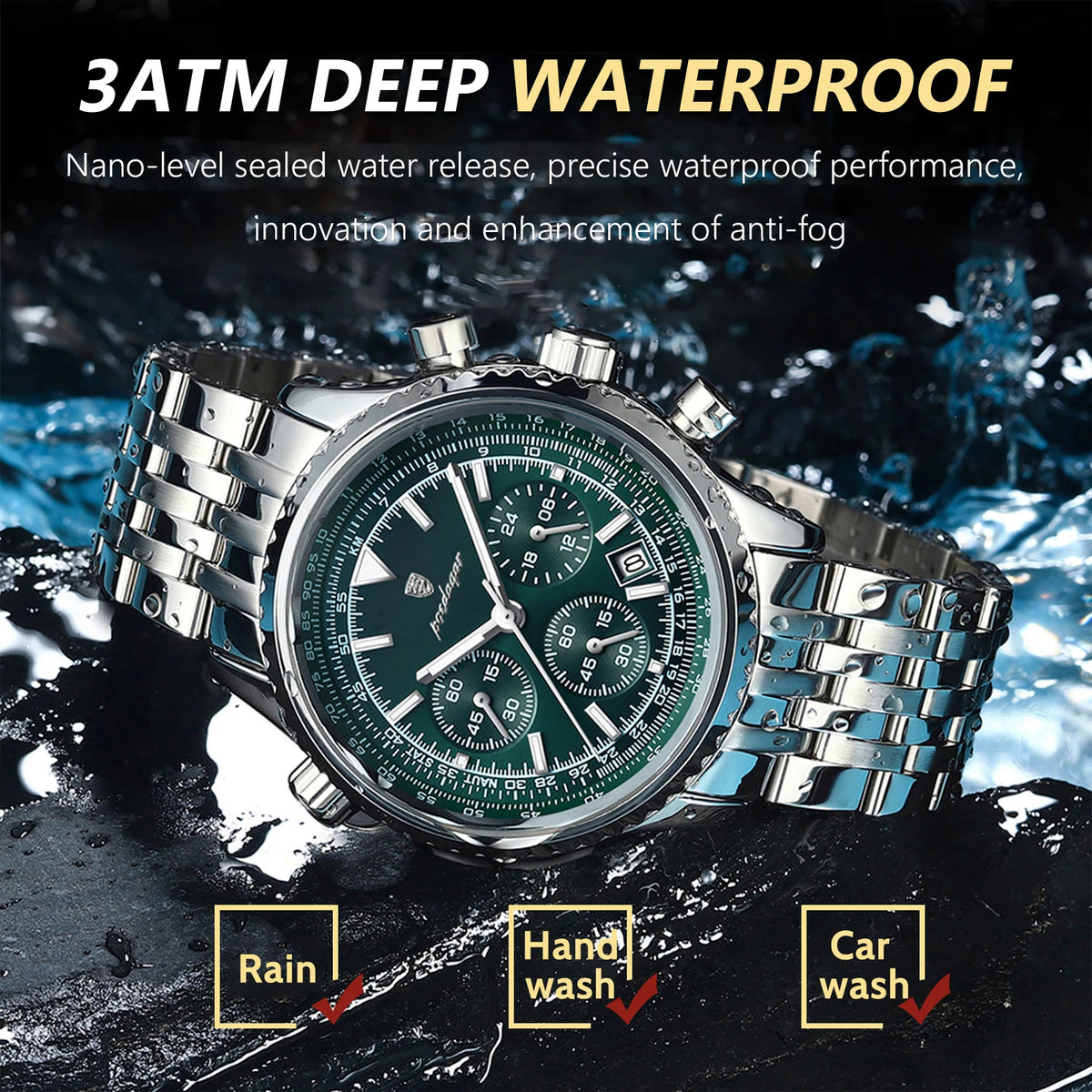 POEDAGAR Men's Chronograph Quartz Watch, Stainless Steel, Date, Luminous