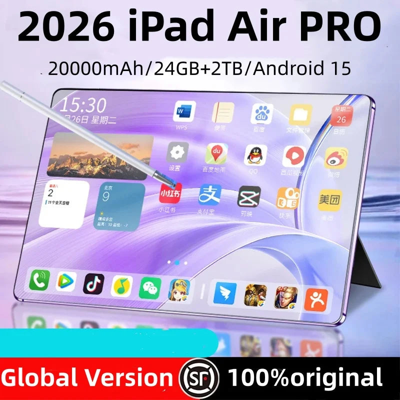 جهاز لوحي iPad Air PRO 11 بوصة إصدار 2026، نظام أندرويد 16، GPS، واي فاي، ذاكرة عشوائية 24 جيجابايت، سعة تخزين 2 تيرابايت، بطارية 20000 مللي أمبير، 5G، شريحتين، معالج Snapdragon 8gen3 ثماني النواة، تابلت أندرويد أصلي