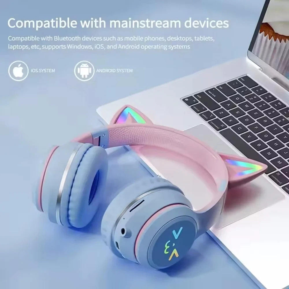 Cat Ear Bluetooth Headphones with RGB Lighting and Microphone