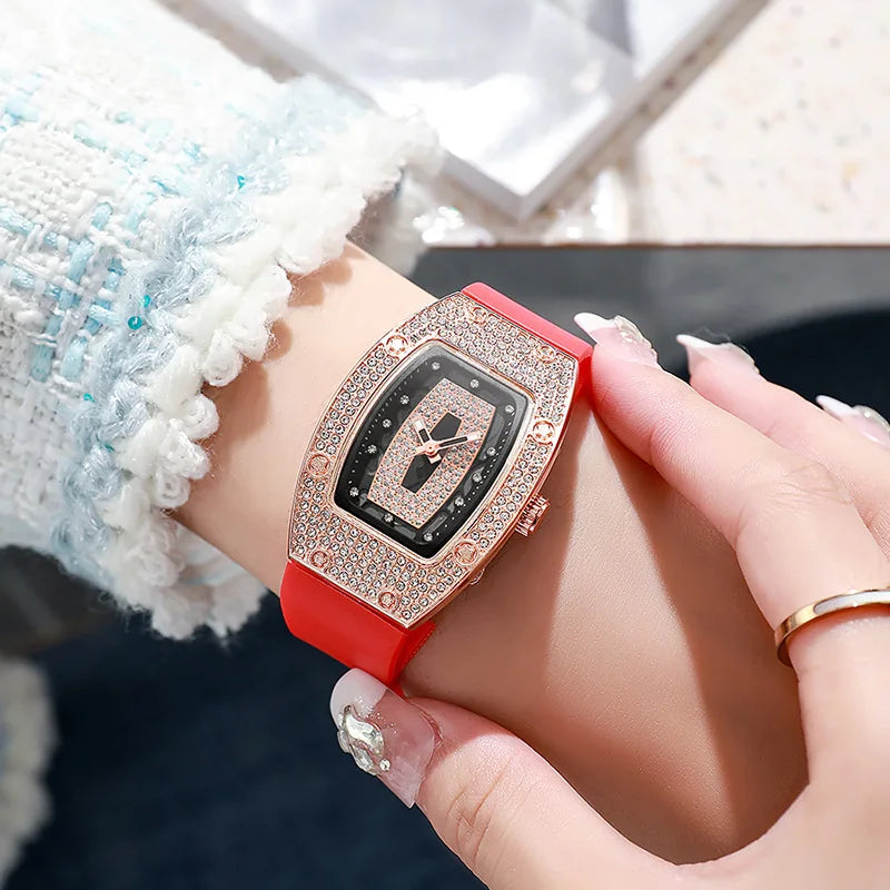 Women's Crystal Tonneau Quartz Watch, Silicone Strap