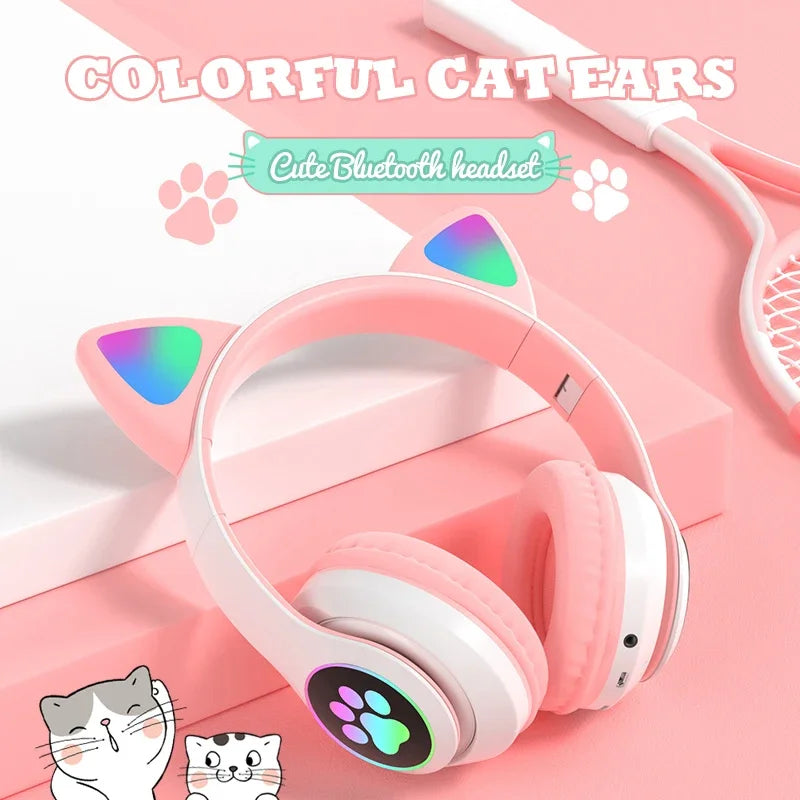 Kids' Cat Ear Bluetooth Headphones with Microphone and LED Lights