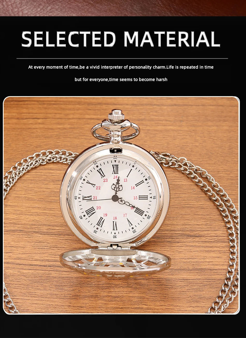 Vintage Carved Roman Numeral Flip Pocket Watch with Chain