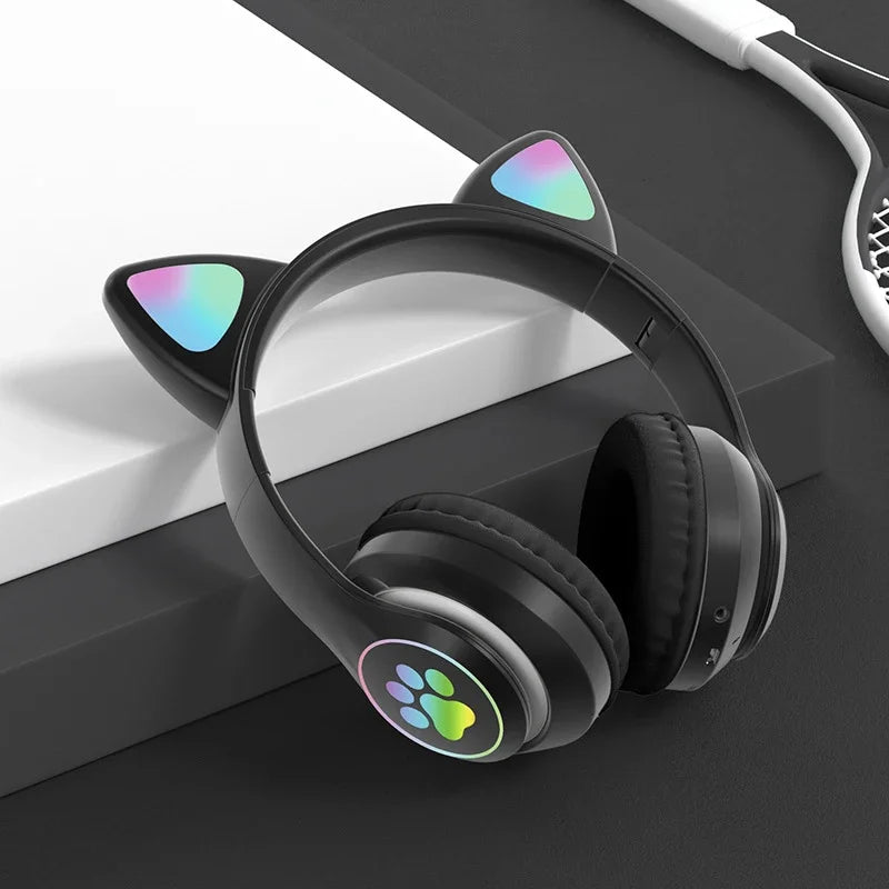 Kids' Cat Ear Bluetooth Headphones with Microphone and LED Lights