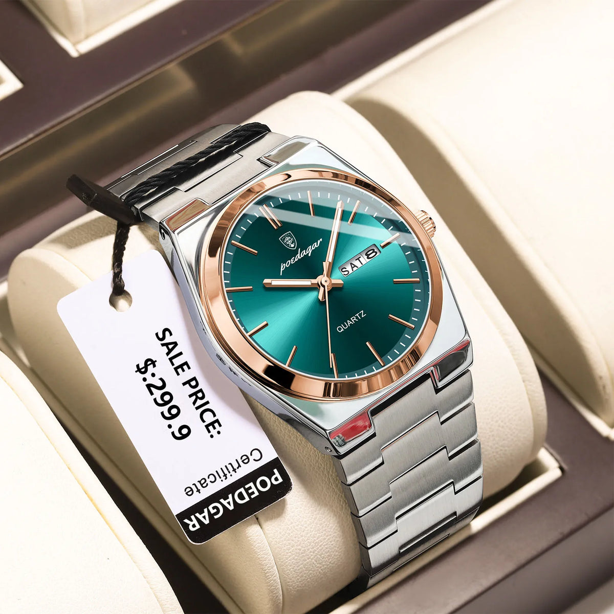 POEDAGAR Men's Quartz Watch, Stainless Steel, Date and Day Display