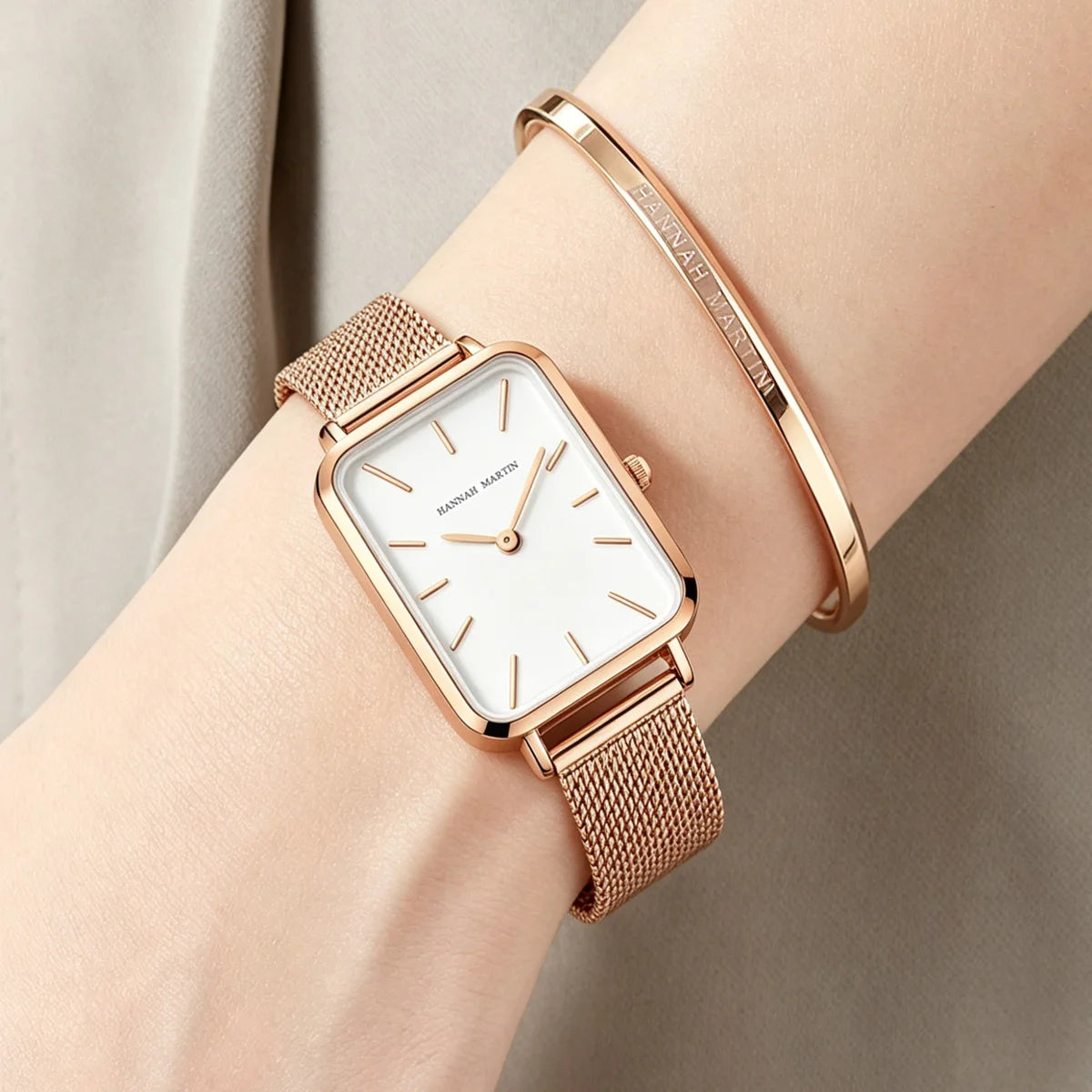 Hannah Martin Women's 34 mm Square Quartz Watch, Stainless Steel Mesh Strap