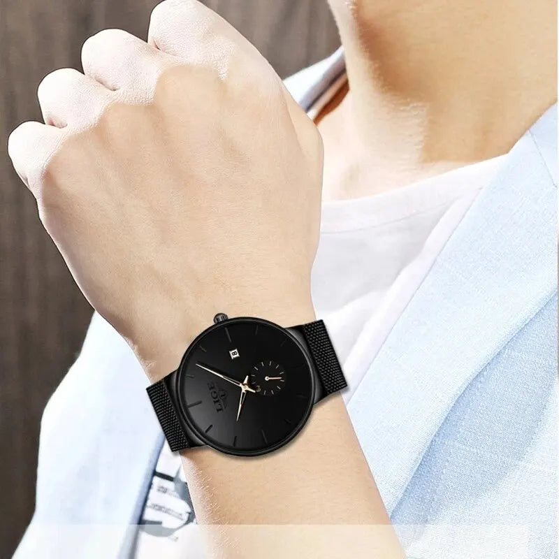 LIGE Men's Quartz Watch, Stainless Steel Mesh, Water Resistant