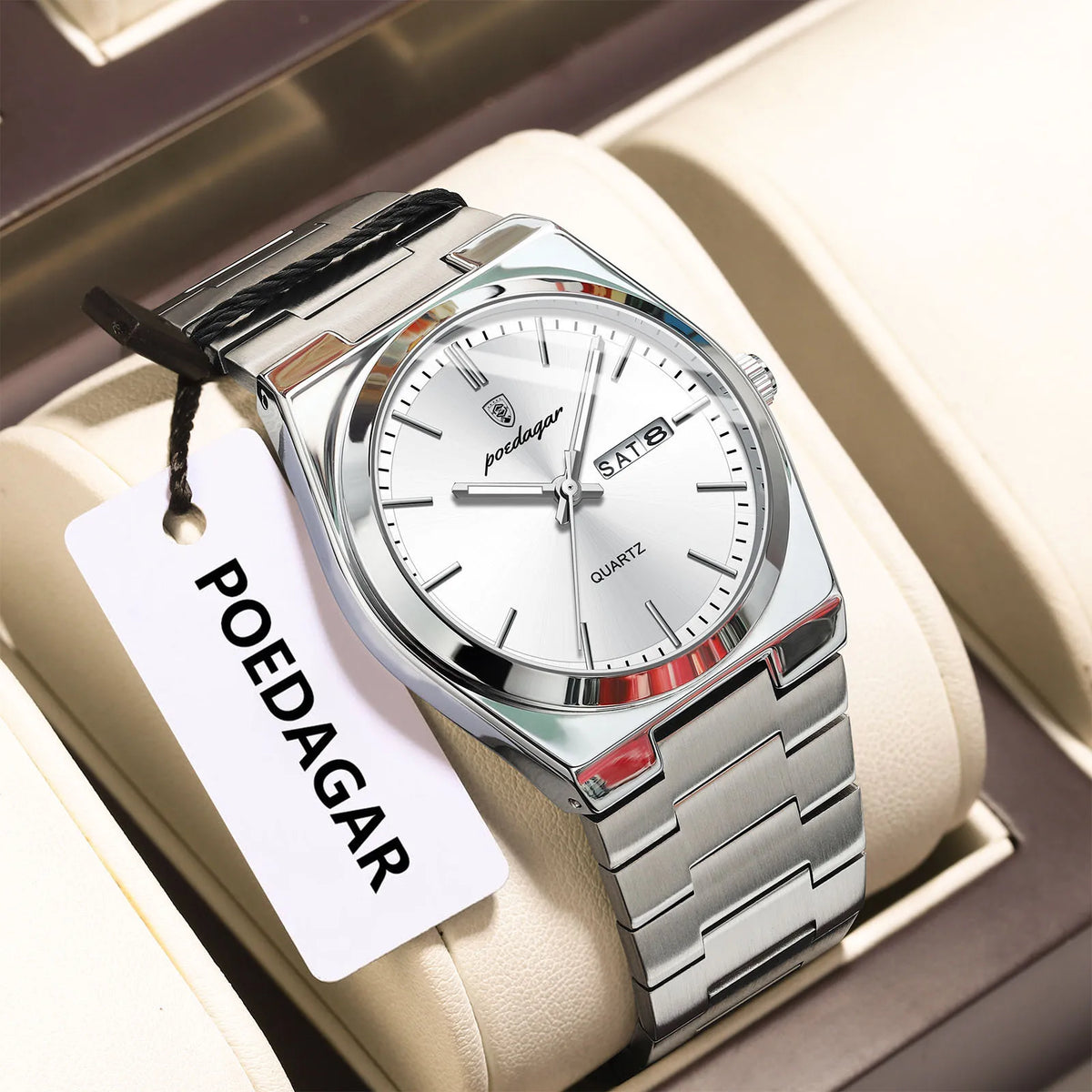 POEDAGAR Men's Quartz Watch, Stainless Steel, Date and Day, Luminous