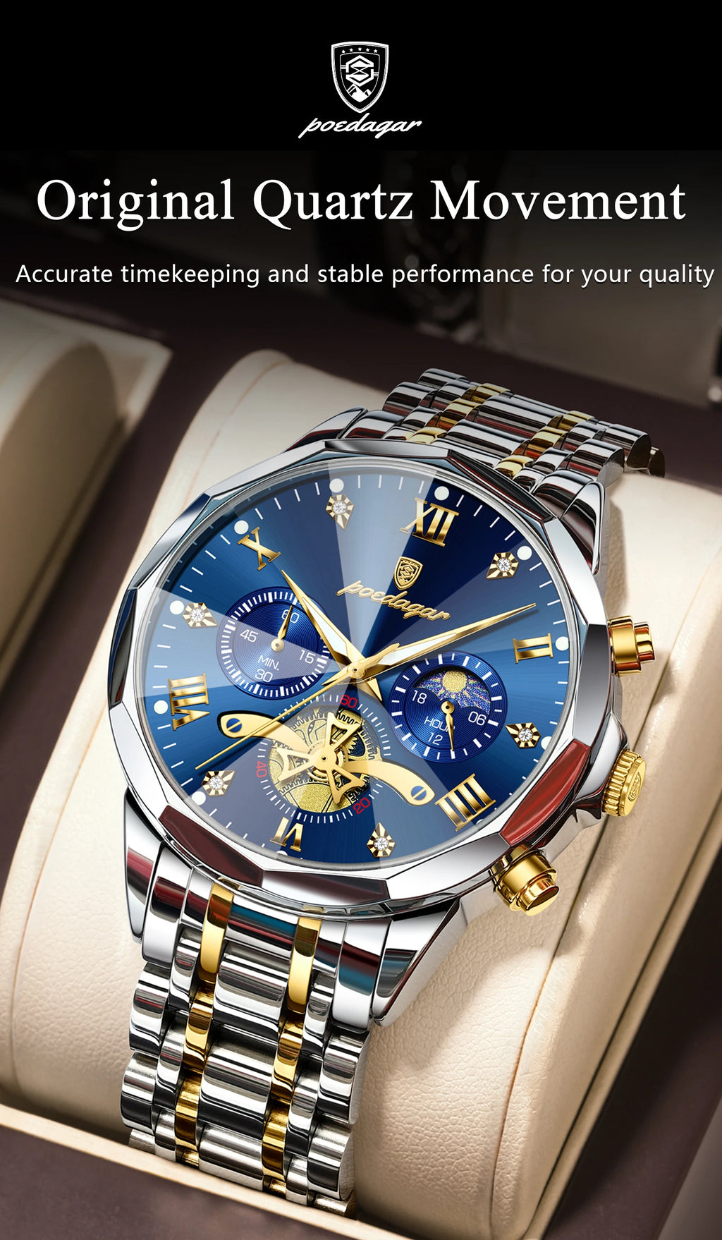 POEDAGAR Men's Chronograph Quartz Watch, Stainless Steel, Water Resistant