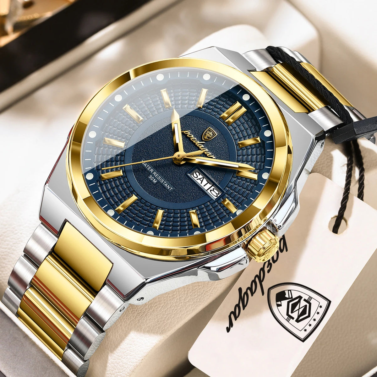 POEDAGAR Men's Business Quartz Watch, Stainless Steel, Date and Day