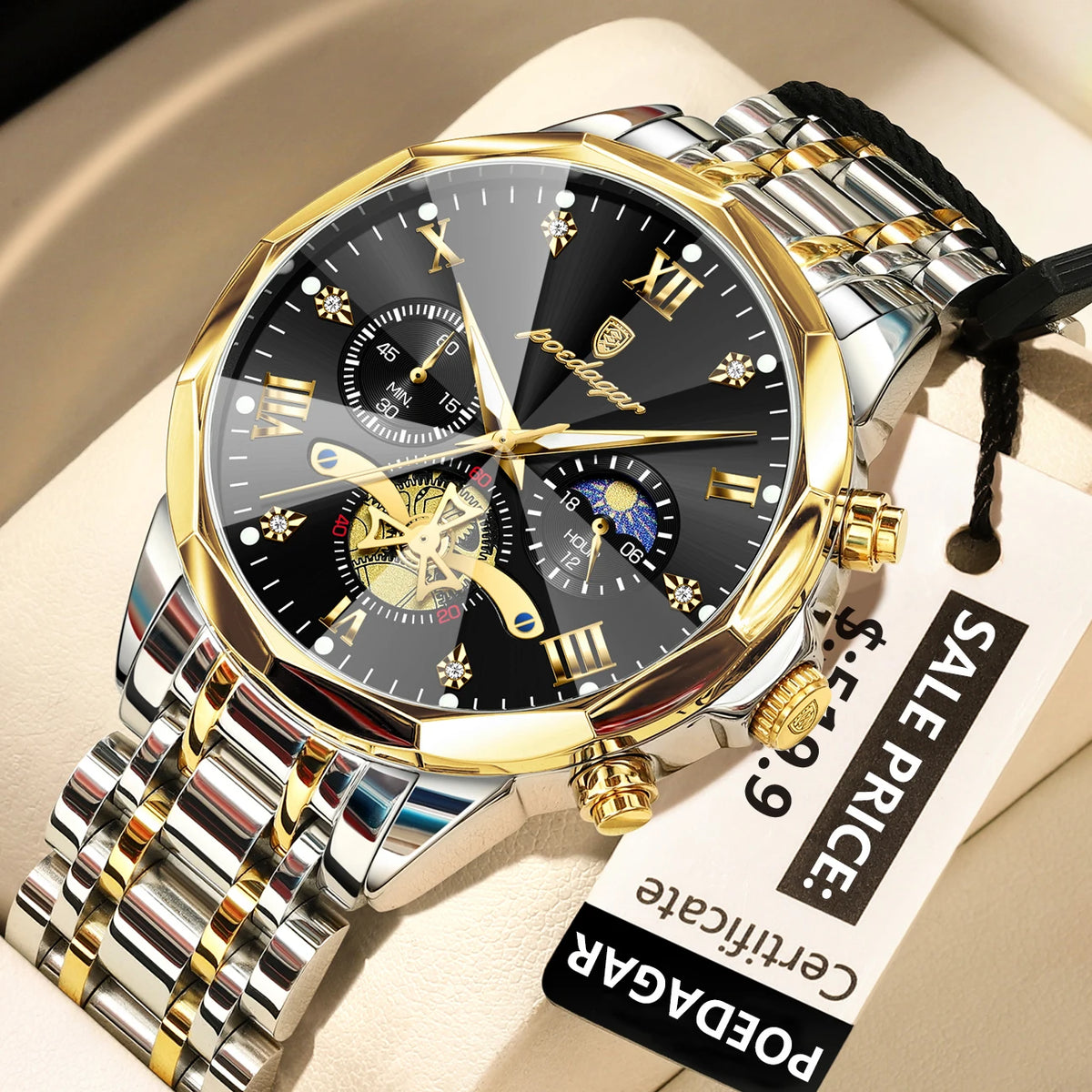 POEDAGAR Men's Chronograph Quartz Watch, Stainless Steel, Water Resistant