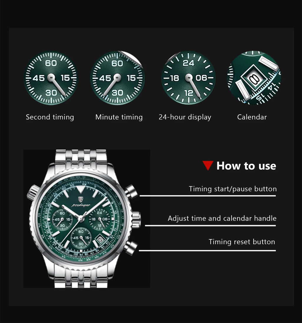 POEDAGAR Men's Chronograph Quartz Watch, Stainless Steel, Date, Luminous