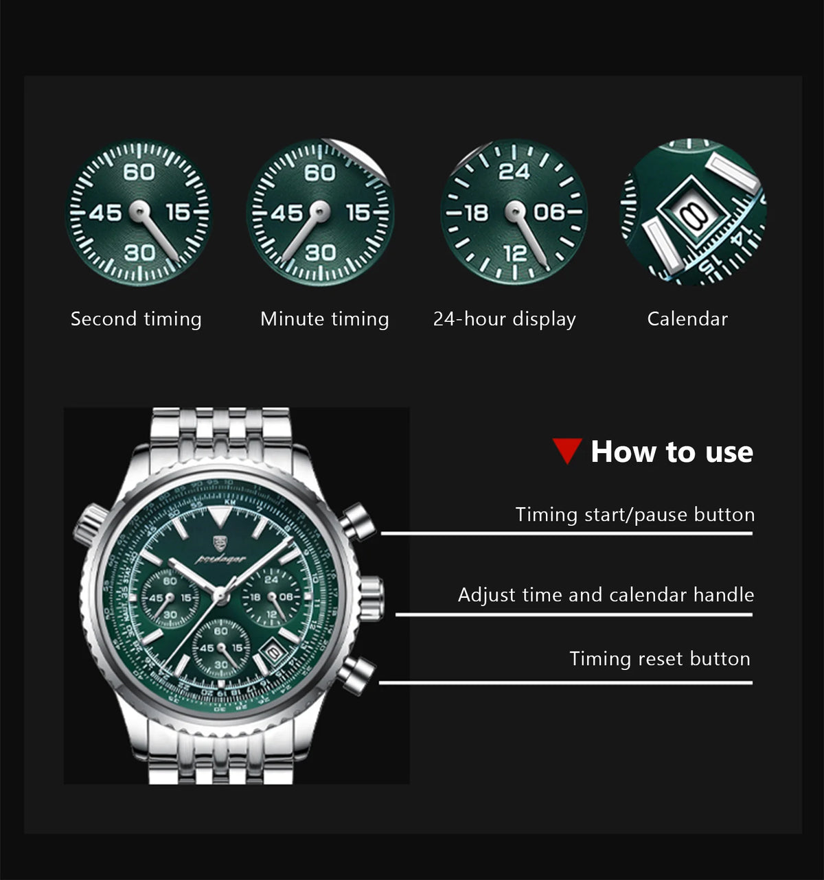 POEDAGAR Men's Chronograph Quartz Watch, Stainless Steel, Date, Luminous
