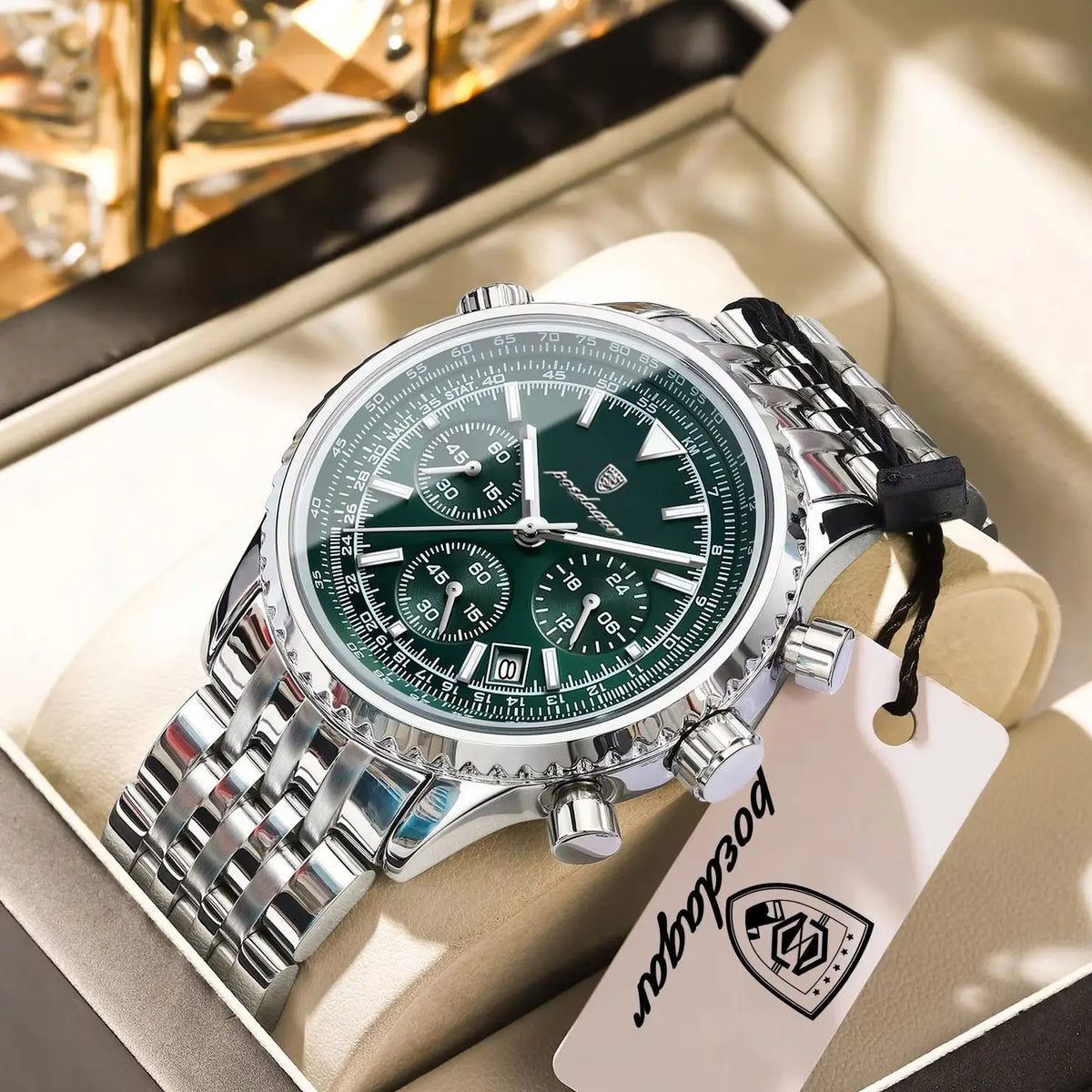 POEDAGAR Men's Chronograph Quartz Watch, Stainless Steel, Date, Luminous