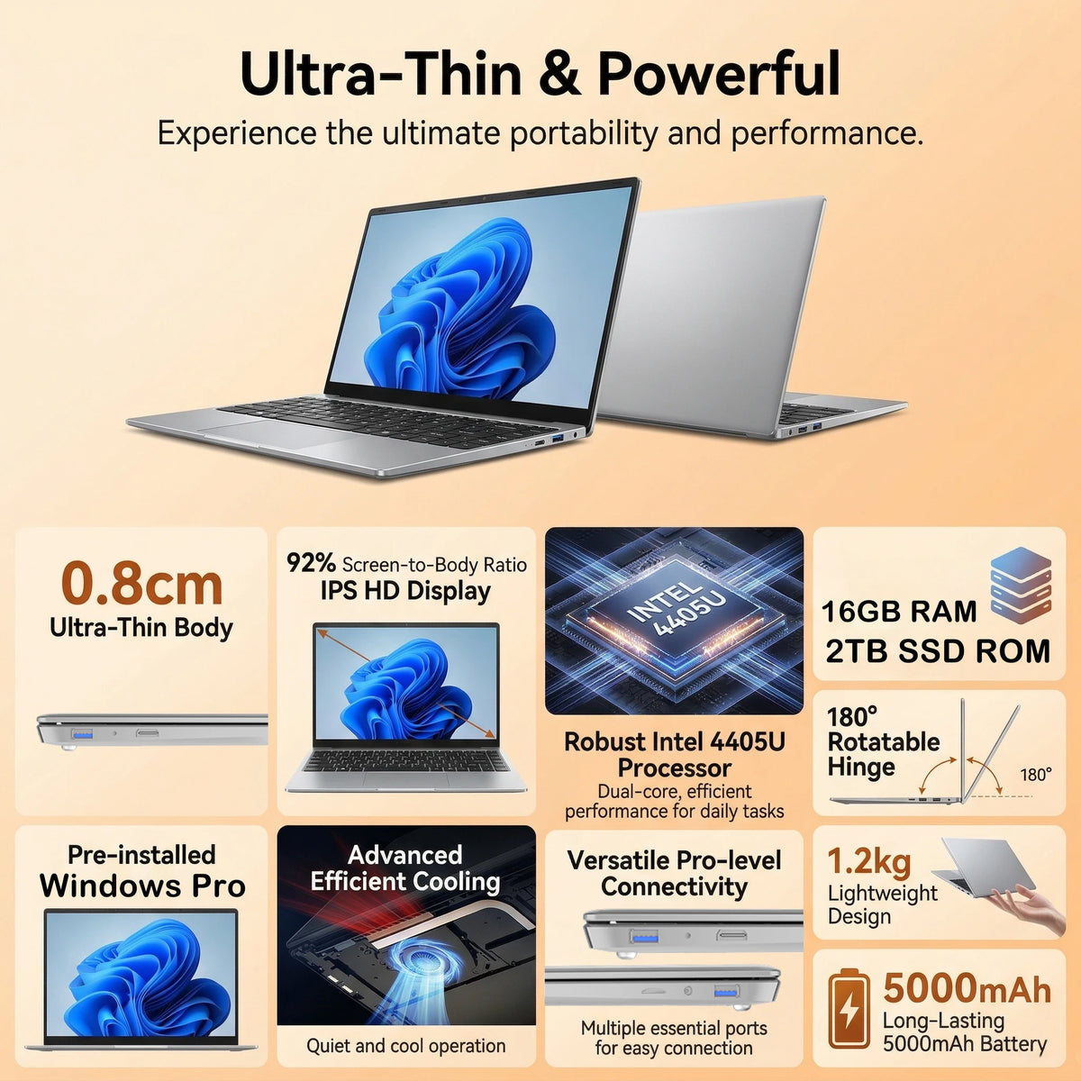 14.1" Laptop, Intel 4405U, 16GB RAM, 2TB SSD, FHD, Windows 11 Pro