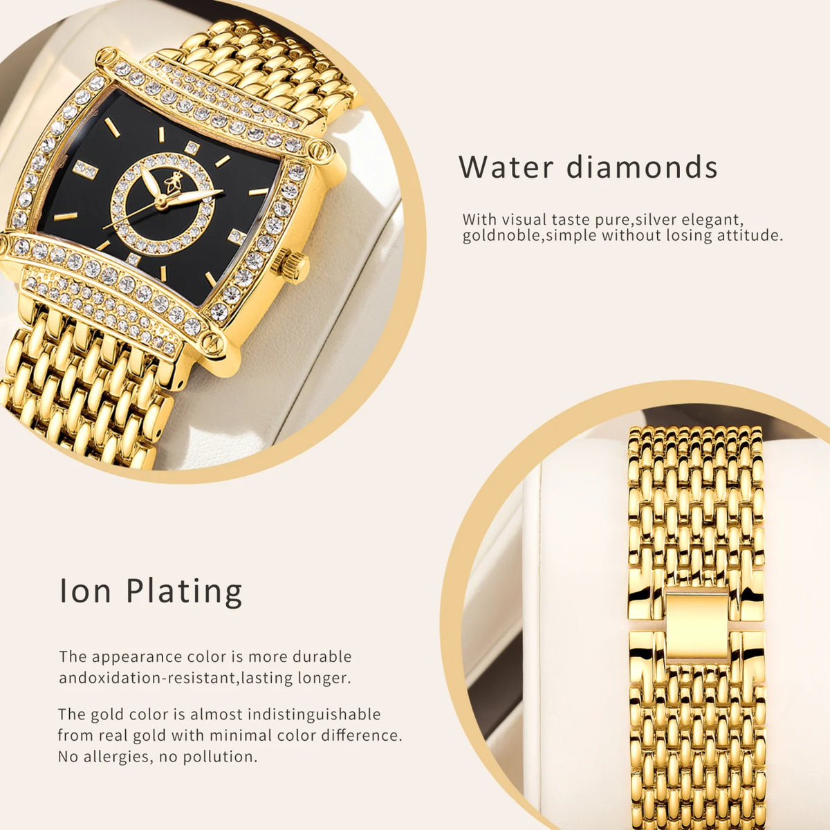 YaLaLuSi Women's Square Quartz Watch, Black Dial, Water Resistant