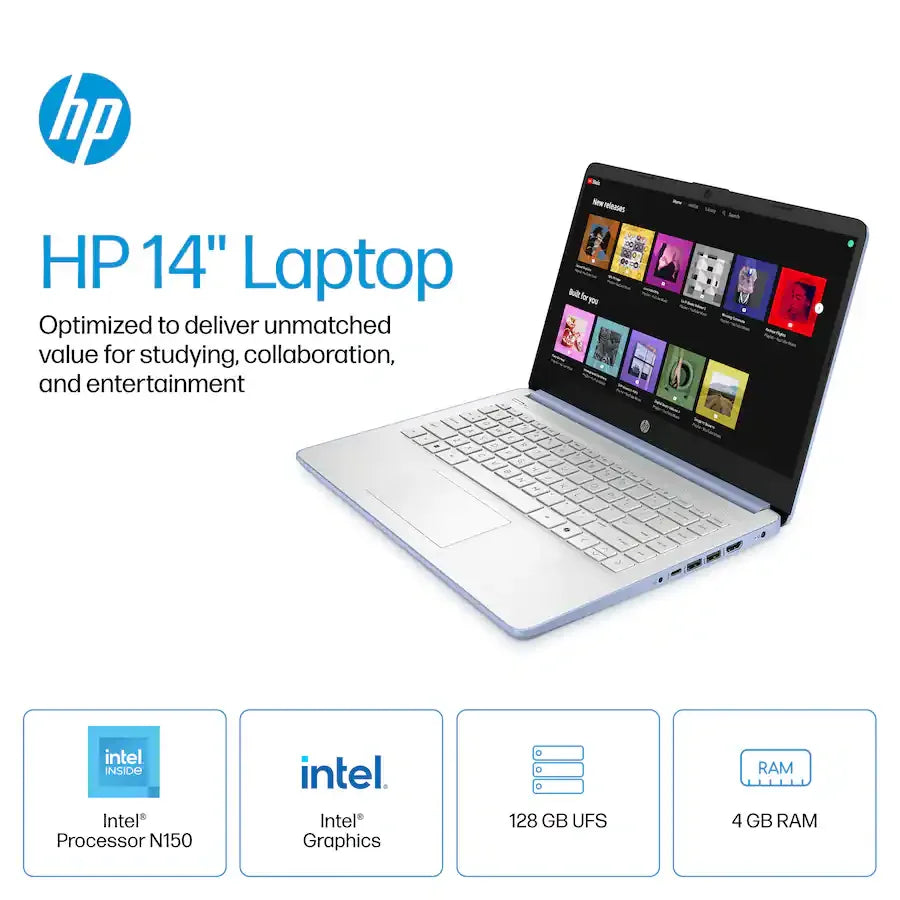 HP 14" Laptop, Intel N150, 16GB RAM, 128GB UFS + 256GB SD, Windows 11 S