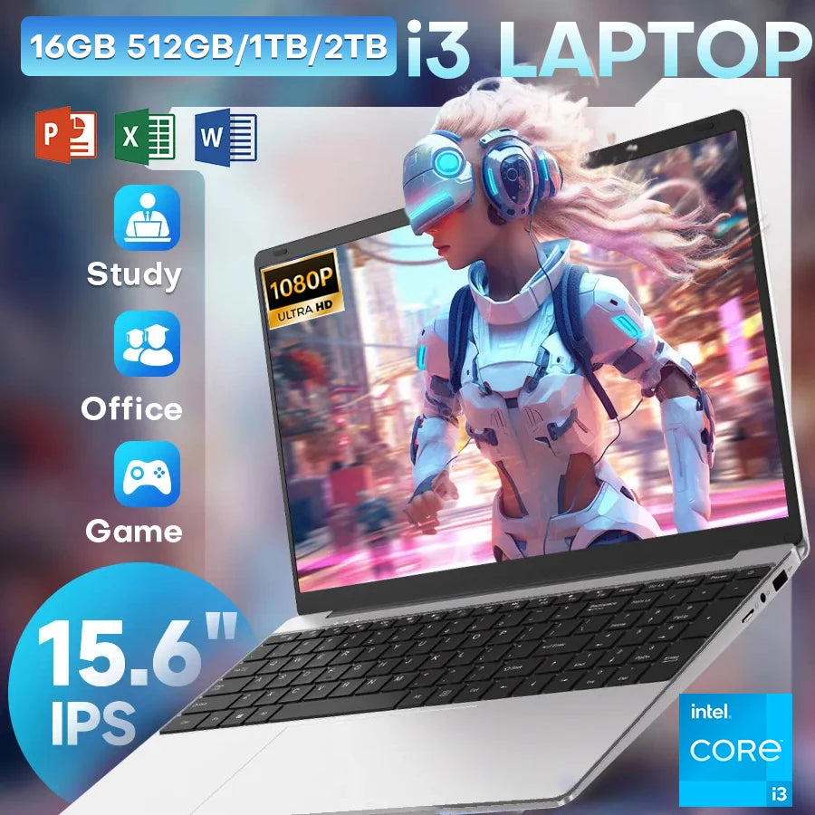 15.6" Laptop, Intel Core i3-6100U, 16GB RAM, 1TB SSD, Windows 11 Pro