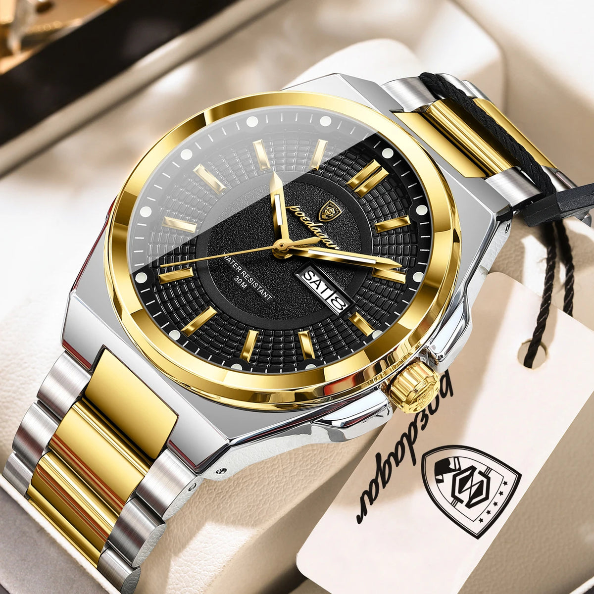 POEDAGAR Men's Business Quartz Watch, Stainless Steel, Date and Day