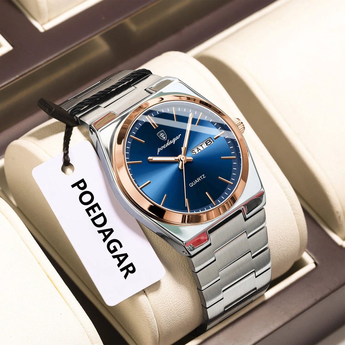 POEDAGAR Men's Quartz Watch, Stainless Steel, Date and Day, Luminous