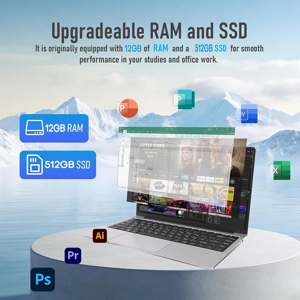 Xiaman 14.1" Laptop, Intel Atom A3950, 12GB RAM, 1TB SSD, Windows 11