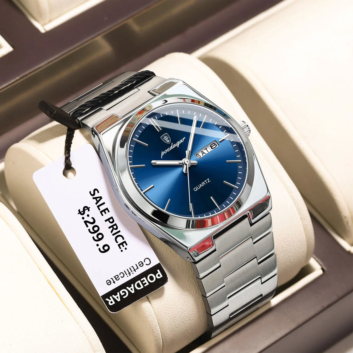 POEDAGAR Men's Quartz Watch, Stainless Steel, Date and Day Display