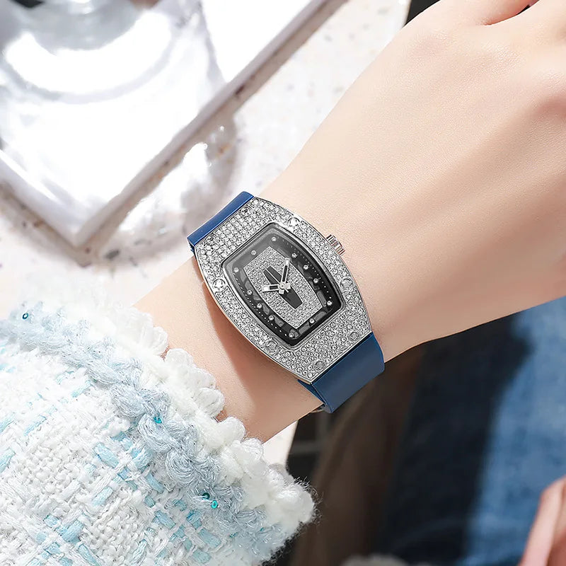 Women's Crystal Tonneau Quartz Watch, Silicone Strap