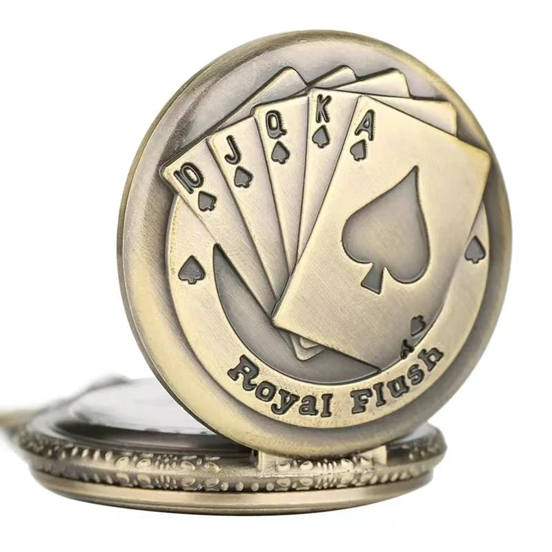 ساعة جيب كوارتز برونزية عتيقة بتصميم أوراق اللعب (بوكر)