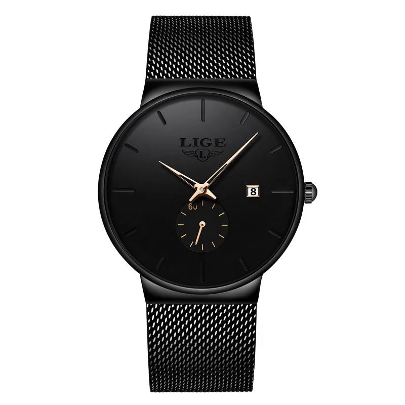 LIGE Men's Quartz Watch, Stainless Steel Mesh, Water Resistant
