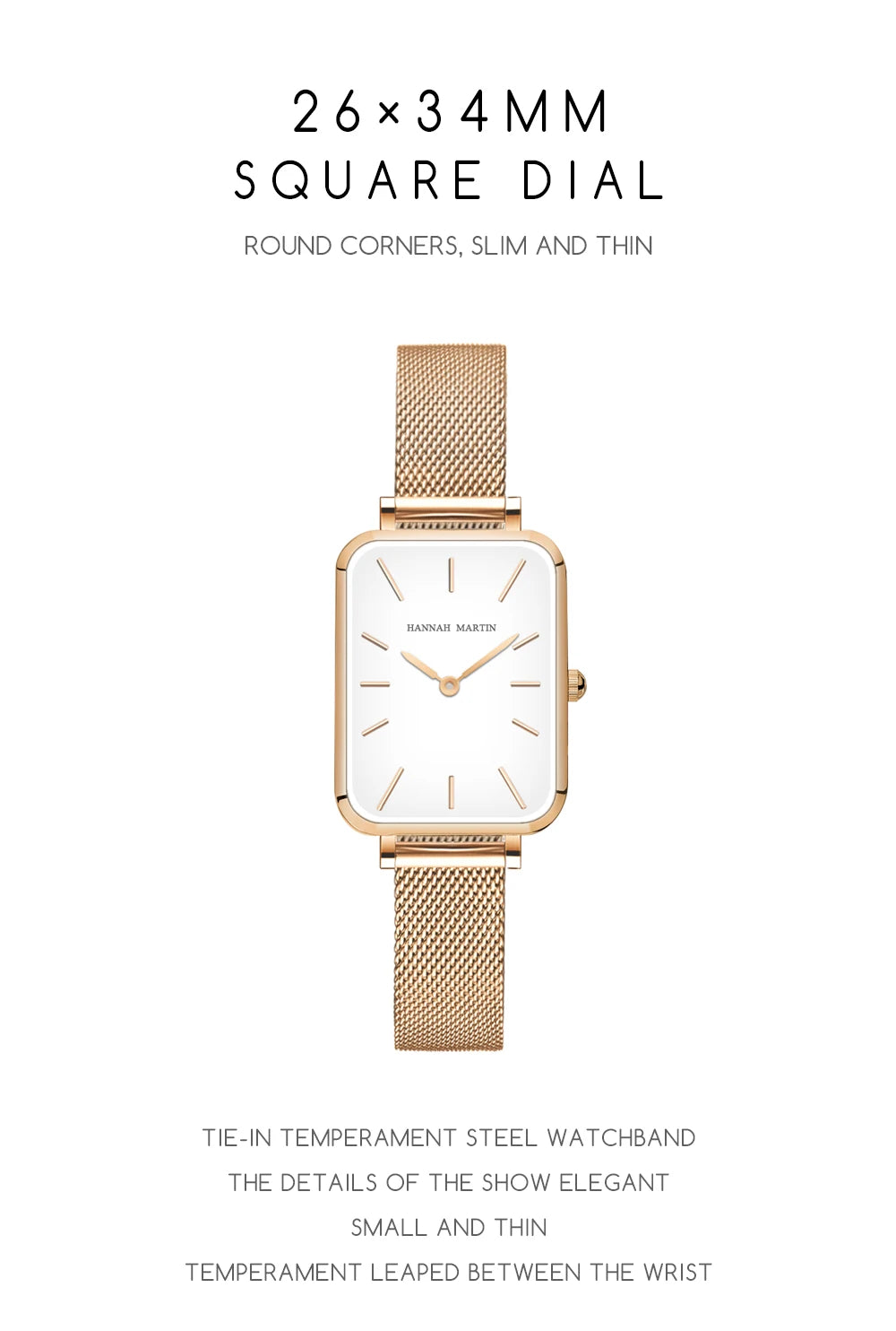 Hannah Martin Women's 34 mm Square Quartz Watch, Stainless Steel Mesh Strap