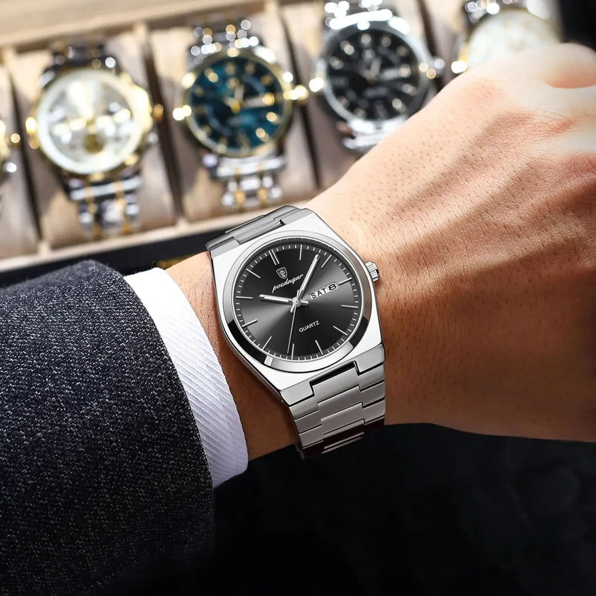 POEDAGAR Men's Quartz Watch, Stainless Steel, Date and Day, Luminous
