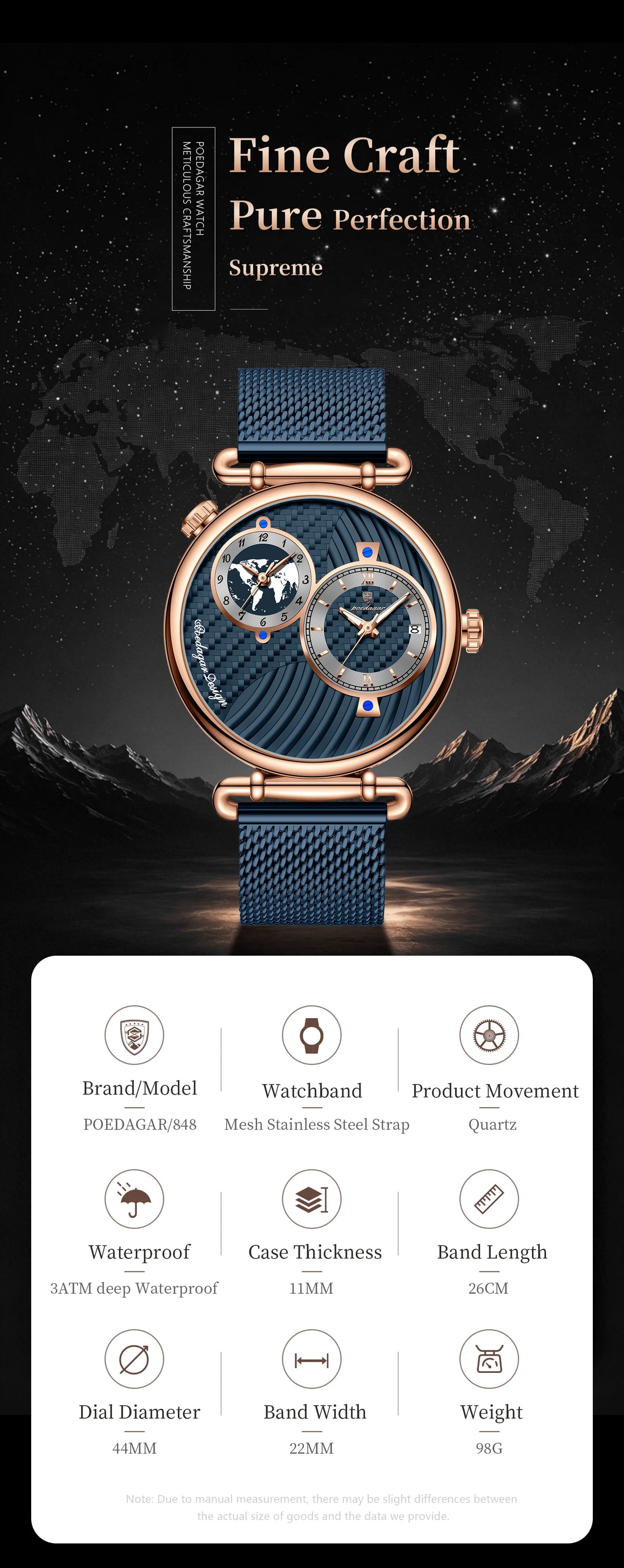 POEDAGAR Men's Quartz Watch, Multiple Time Zones, Steel Mesh Strap