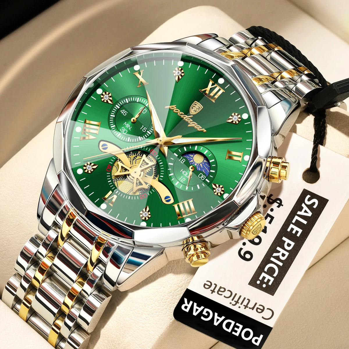 POEDAGAR Men's Chronograph Quartz Watch, Stainless Steel, Water Resistant